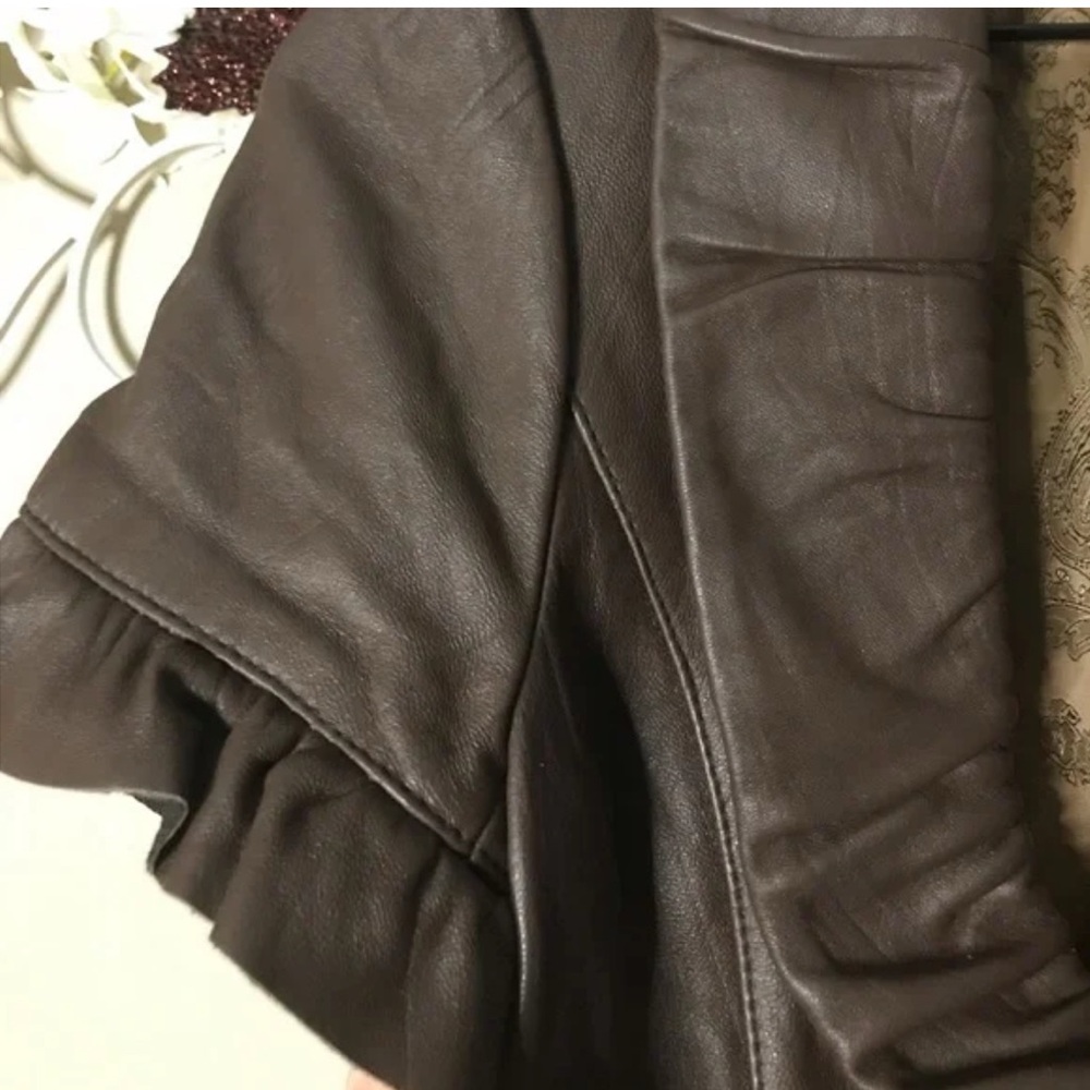 Arden B Brown Vintage Leather Fitted Waist Blazer Top with Ruffled Collar. - Picture 8 of 16